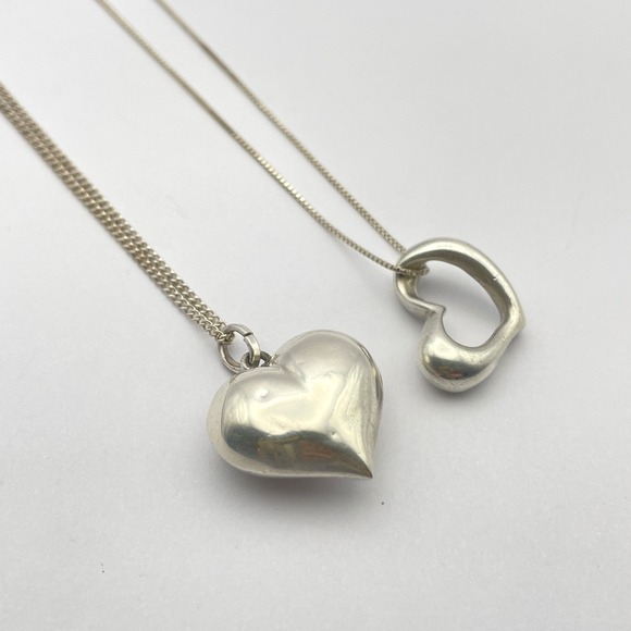 Set Sterling Silver Heart Necklaces Bundle Puffy Heart Hollow Heart Jewelry Set - Picture 6 of 12
